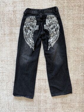 Disclosure Wide Leg Black Angel Wings Print Jeans Sz 1/25 Y2K Grunge